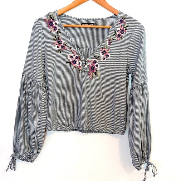 Abercrombie & Fitch Tops - Abercrombie & Fitch | Embroidered Floral Cotton Blouse Blue & White Stripes | XS